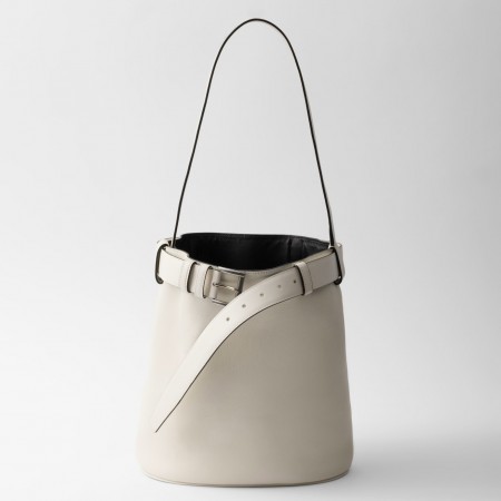 Prada Buckle Bucket Bag with Belt in White Calfskin