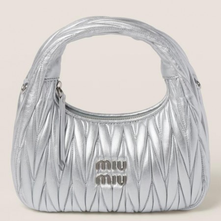 Miu Miu Wander Hobo Bag in Silver Matelasse Leather