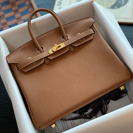 Hermes Birkin 25 Retourne Handmade Bag in Gold Togo Leather 