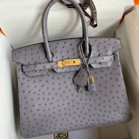 Hermes Birkin 30 Retourne Handmade Bag In Gris Asphalt Ostrich Leather 