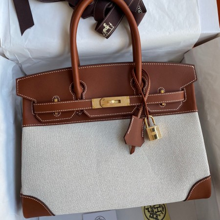 Hermes Birkin 30 Handmade Bag In Toile & Gold Swift Leather 