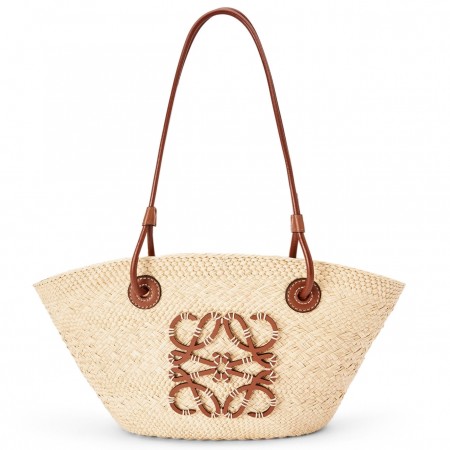 Loewe Small Anagram Basket Bag in Iraca Palm and Brown Calfskin