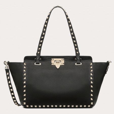 Valentino Small Rockstud Tote In Black Grain Calfskin