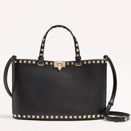 Valentino Rockstud Small Shopping Bag in Black Grainy Calfskin