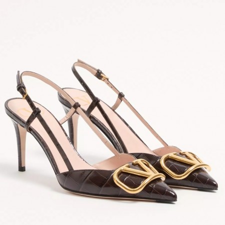 Valentino VLogo Signature Slingback Pumps 80mm in Black Croc-embossed Leather