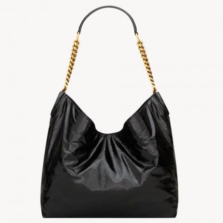Saint Laurent Hortense Small Hobo Bag in Black Shiny Leather