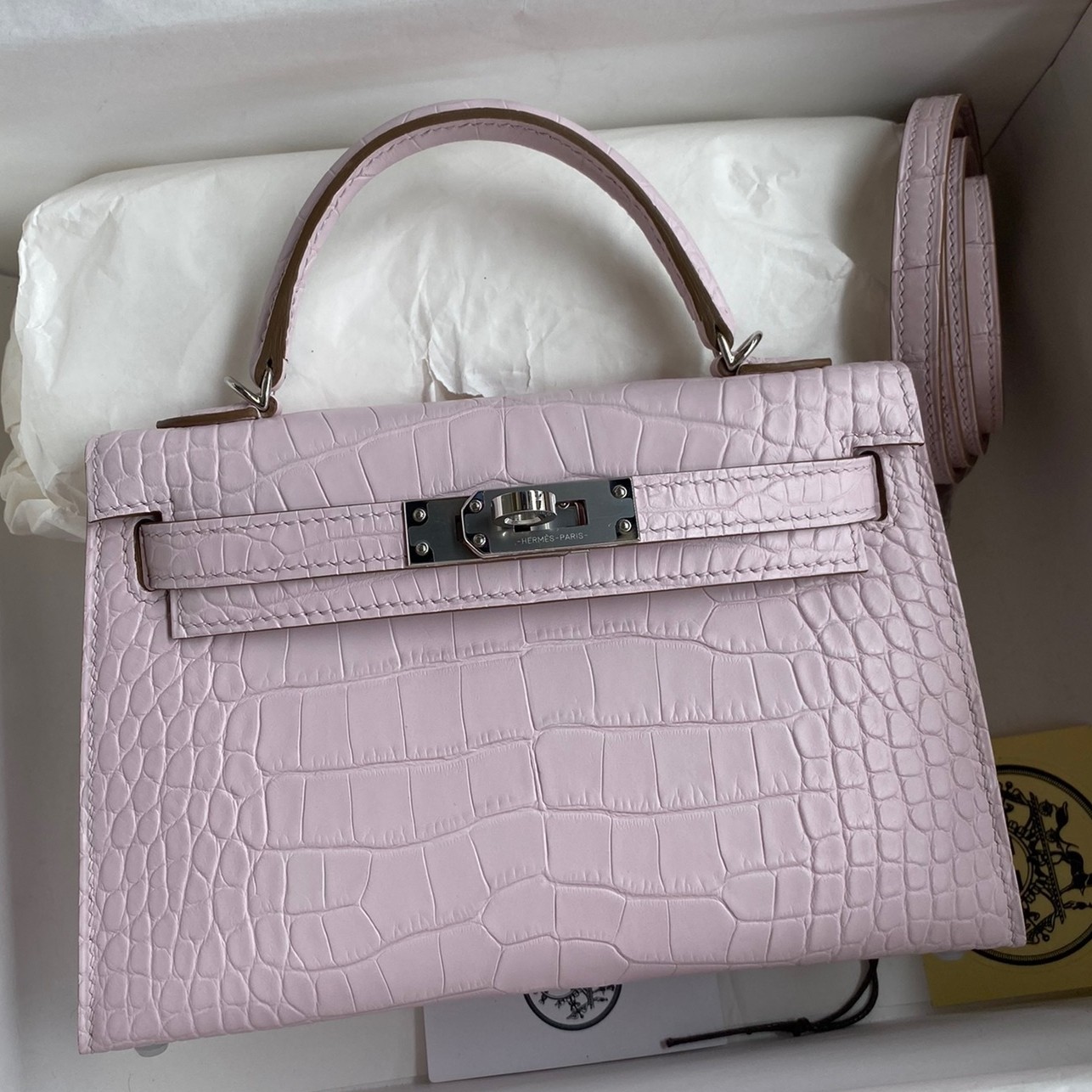 Replica Hermes Kelly Mini II Sellier Handmade Bag In Mauve Pale Matte Alligator Leathe