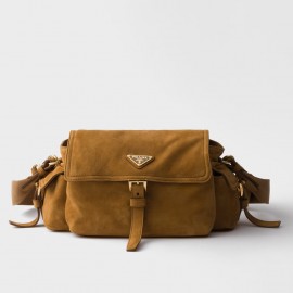 Prada Explore Medium Flap Bag in Brown Suede Calfskin