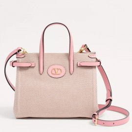 Valentino Antibes Small Shopping Bag in Canvas with Pink Leather