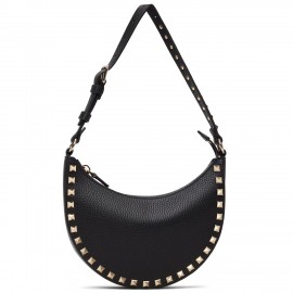 Valentino Rockstud Mini Hobo Bag in Black Grained Leather