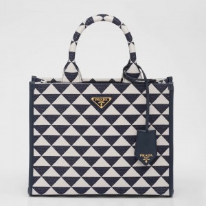 Prada Symbole Small Bag In White/Blue Jjacquard Fabric