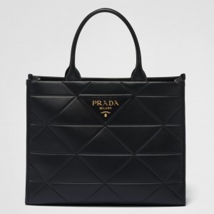 Prada Symbole Large Bag with Topstitching in Black Leather