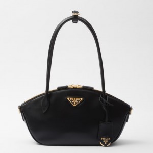 Prada Shoulder Bag with Double Zipper in Black Calfskin