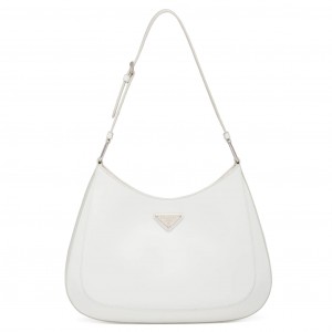 Prada Cleo Shoulder Large Bag In White Brushed Leather 