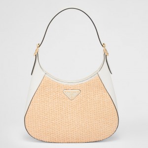 Prada Shoulder Bag in Woven Straw and White Leather