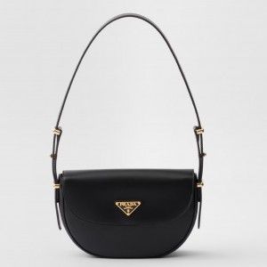 Prada Arque Shoulder Bag with Flap in Black Leather