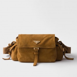 Prada Explore Medium Flap Bag in Brown Suede Calfskin