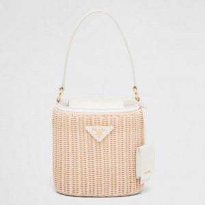Prada Bucket Bag In Wicker and White Canvas
