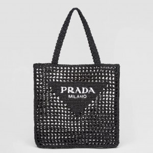 Prada Small Tote Bag In Black Raffia