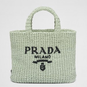 Prada Small Crochet Tote Bag in Aqua Raffia-effect Yarn