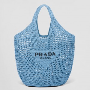 Prada Large Tote Bag In Blue Raffia