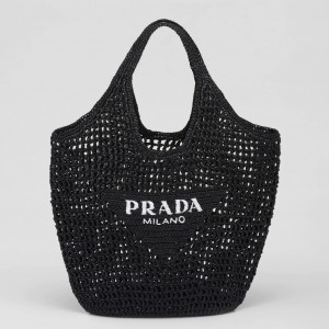 Prada Large Tote Bag In Black Raffia