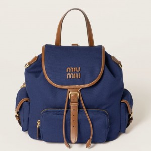 Miu Miu Large Backpack in Blue Canvas and Calfskin