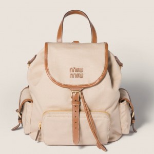Miu Miu Large Backpack in Beige Canvas and Calfskin