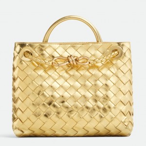 Bottega Veneta Andiamo Small Bag in Gold Intrecciato Metallic Leather