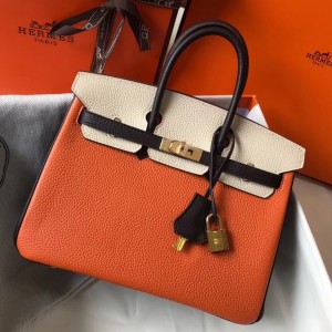 Hermes Tri-Color Birkin 25cm Bag In Orange/White/Black Clemence Leather