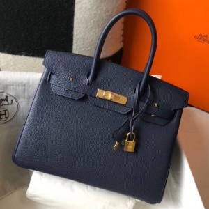 Hermes Navy Blue Clemence Birkin 30cm Bag