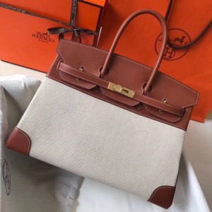 Hermes Canvas Birkin 35cm Bag With Brown Leather