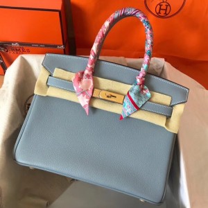 Hermes Blue Lin Birkin 30cm Clemence Handmade Bag