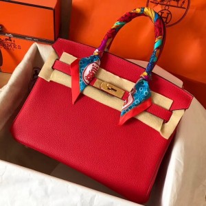 Hermes Red Birkin 30cm Clemence Handmade Bag