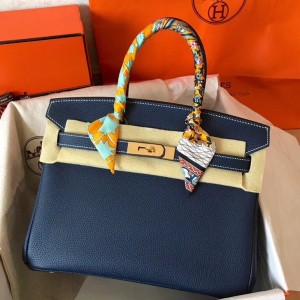 Hermes Navy Blue Birkin 30cm Clemence Handmade Bag