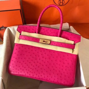 Hermes Rose Red Birkin 30cm Ostrich Handmade Bag