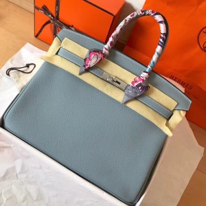Hermes Blue Lin Birkin 35cm Clemence Handmade Bag
