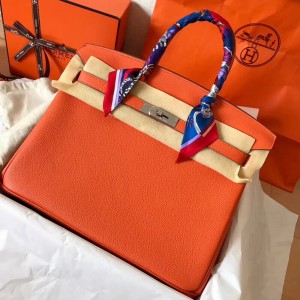 Hermes Orange Birkin 35cm Clemence Handmade Bag