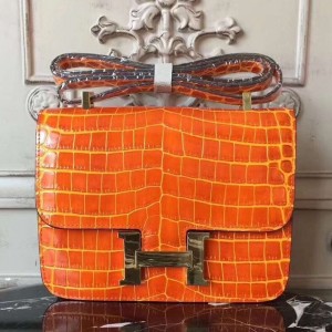 Hermes Orange Constance MM 24cm Crocodile Bag