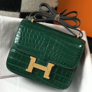 Hermes Constance 18cm Bag In Green Embossed Crocodile