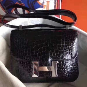 Hermes Constance 24cm Black Niloticus Crocodile