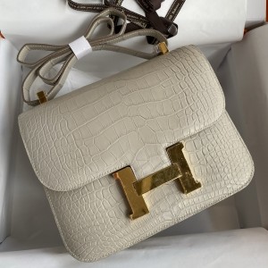 Hermes Constance 24 Handmade Bag in Pearl Grey Matte Alligator Leather 