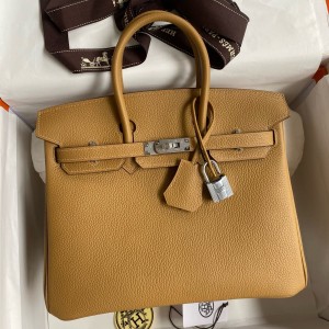 Hermes Birkin 25 Retourne Handmade Bag In Biscuit Clemence Leather