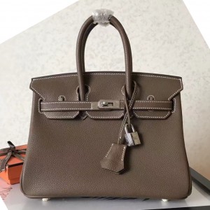 Hermes Taupe Birkin 25cm Clemence Handmade Bag