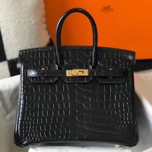 Hermes Birkin 25cm Bag In Black Embossed Crocodile Leather