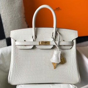 Hermes Birkin 25cm Bag In White Embossed Crocodile Leather