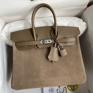 Hermes Birkin 25 Grizzly Bag in Taupe Veau Doblis and Swift Leather 