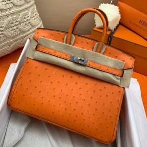 Hermes Orange Birkin 25cm Ostrich Handmade Bag