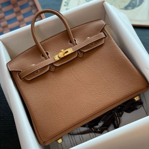 Hermes Birkin 25 Retourne Handmade Bag in Gold Togo Leather 