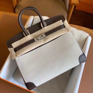 Hermes Birkin 25 Handmade Bag In Toile & Chocolat Swift Leather